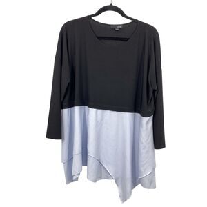 Sun Kim Color Block Tunic Size XL Black White 3/4 Sleeve Knit Pullover Lagenlook